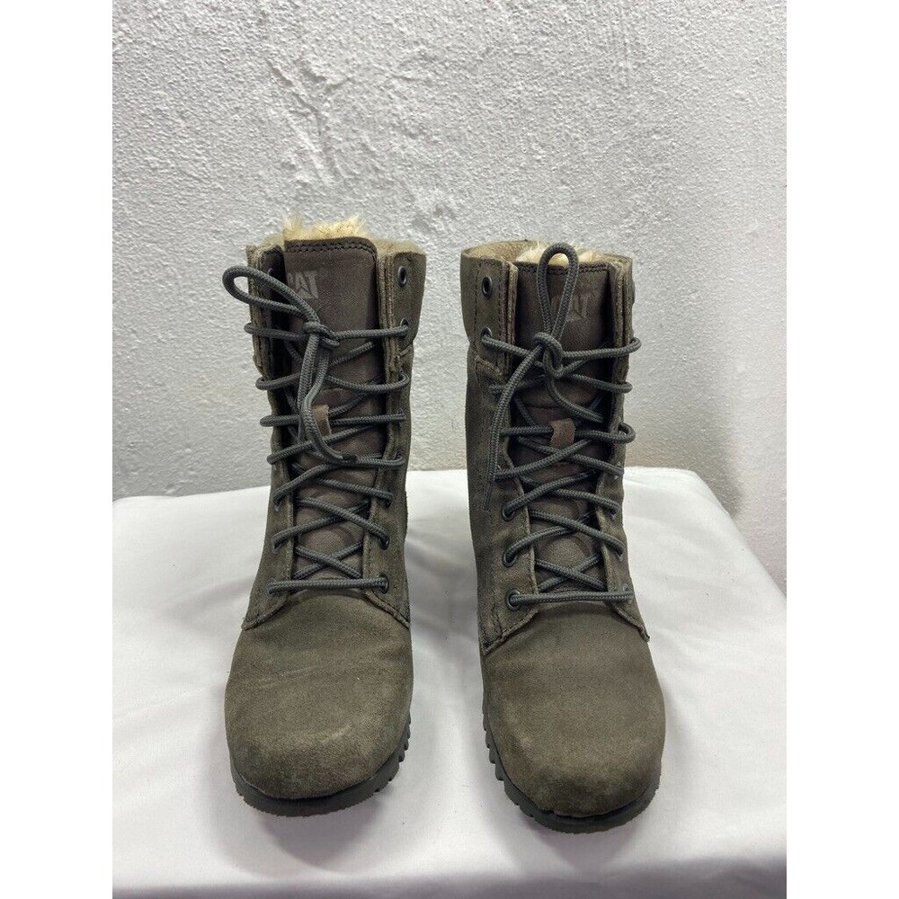 CAT WOMENS SIZE 6 GRAY SUEDE LACE UP ANKLE BOOTS FUR LINING